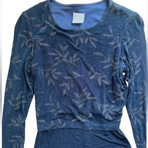 RABBIT RABBIT RABBIT Vtg Y2K Navy Blue Stretch Long Sleeve Silver Leaf 8 Petite